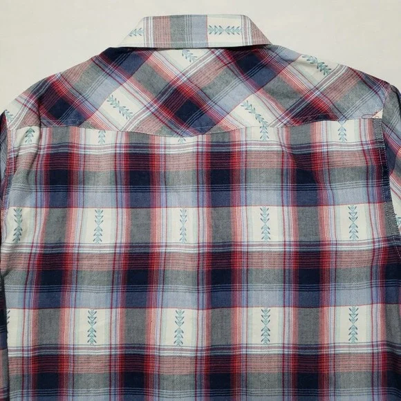 Desert Son Mens Plaid Snap Front Western Shirt XL Red Blue White Feather Print - Picture 9 of 13